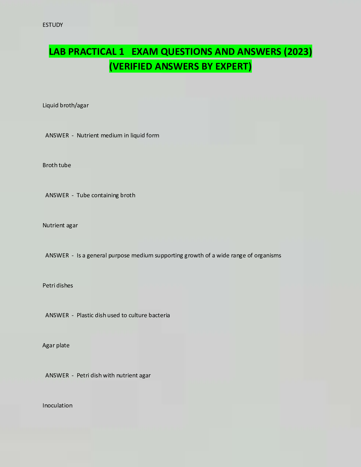 Preview image for LAB PRACTICAL 1 EXAM QUESTIONS AND ANSWERS (2023)  (VERIFIED ANSWERS BY EXPERT)
